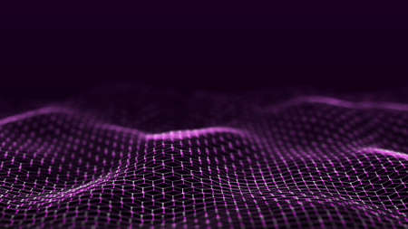 Futuristic glitch hexagon wave. dark cyberspace. Abstract wave with dots and lines. White moving particles on a black background. 3d rendering.の写真素材