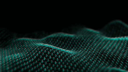 Futuristic glitch hexagon wave. dark cyberspace. Abstract wave with dots and lines. White moving particles on a black background. 3d rendering.の写真素材