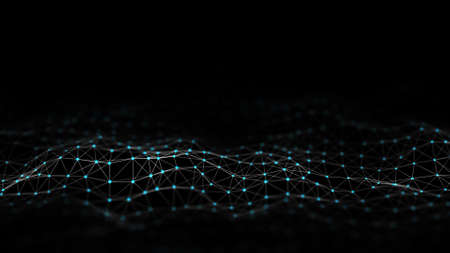 Futuristic technology wave. Digital cyberspace. Abstract wave with moving particles on a colors background. Big data analytics. 3d rendering.の写真素材