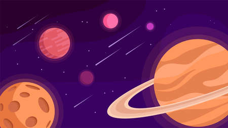 Space galaxy with planets, asteroids and stars on purple background. Vector illustration of trips on big universe in cartoon style.のイラスト素材