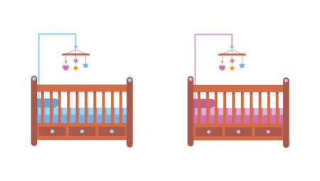 Set of blue and pink baby crib on white background. Vector illustration cribs for girls and boys in...