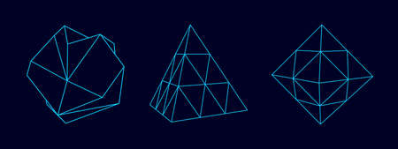 Set of distorted wireframe sphere, pyramid and cube from different sides. Vector abstract geometric 3D objects. technology block chain network connection. Big data visualization.のイラスト素材