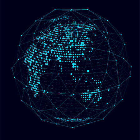 Virtual planet Earth with particles and lines. network connection big data. Vector abstract technology blue background.のイラスト素材