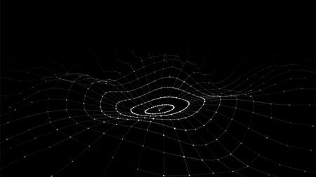 Futuristic circle wave. Vector dark cyberspace. Abstract music sound wave with dots. White moving particles on a black background.のイラスト素材