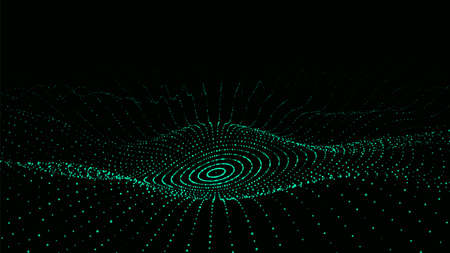 Futuristic circle wave. Vector dark cyberspace. Abstract music sound wave with dots. White moving particles on a black background.のイラスト素材