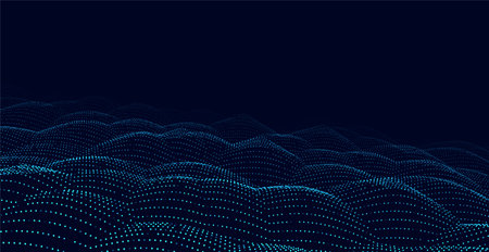 Futuristic digital wave. dark cyberspace. Vector abstract wave with dots and lines. White moving particles on a blue background.のイラスト素材