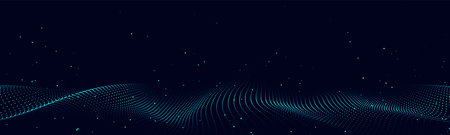 Abstract vector technology wave of particles. Big data visualization. Dark background with motion dots and lines. Artificial intelligence.のイラスト素材