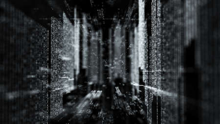 Abstract wireframe tunnel. Black wormhole. 3D portal grid. Futuristic fantasy square funnel. 3d rendering.の写真素材