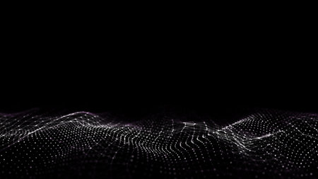 Abstract technology wave of particles. Big data visualization. Dark background with motion dots and...