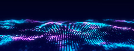 Abstract technology wave of particles. Big data visualization. Dark background with motion dots....