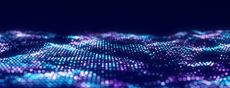 Abstract technology wave of particles. Big data visualization. Dark background with motion dots....