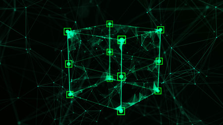 Technology block chain network connection. Big data visualization. Cyber security background. Green...
