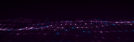 Abstract technology wave of particles. Big data visualization. Dark background with motion dots and...