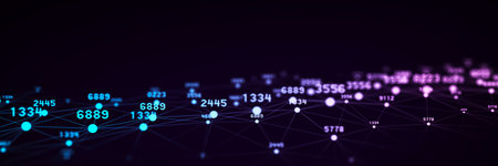 Abstract technology wave of particles with digital indicators. Big data visualization. Dark...