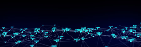 Abstract technology wave of particles with digital indicators. Big data visualization. Dark...