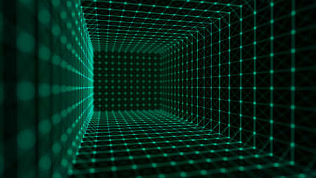 Abstract wireframe tunnel. green wormhole. 3D portal grid. Futuristic fantasy square funnel. 3d rendering.の写真素材