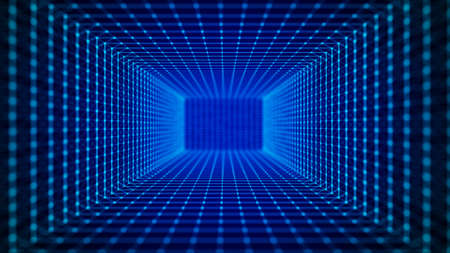 Abstract wireframe tunnel. Blue wormhole. 3D portal grid. Futuristic fantasy square funnel. 3d rendering.の写真素材