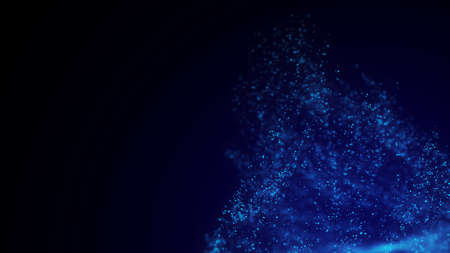 Abstract vortex particles background. Dynamic blue wave moving in explosion. Wormhole shimmering star dust. 3d rendering.の写真素材