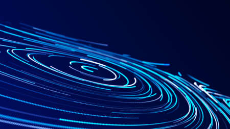 Flow of colored particles. Big data visualization. Digital technology wave. Futuristic cyberspace. Abstract cyber security background. 3D rendering.の写真素材