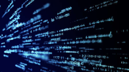 Technology binary code. Random falling blue digits on screen. Hacked software. Matrix sciense background. Big data analytics. 3D rendering.の写真素材