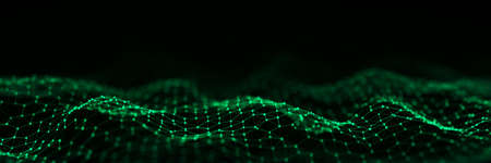 Futuristic hexagon wave. Dark cyberspace. Abstract wave with dots and line. White moving particles on a black background. 3d rendering.の写真素材