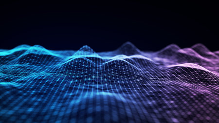 Futuristic digital wave. Dark cyberspace. Abstract wave with dots and line. White moving particles...