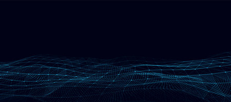 Abstract technology wave of particles. Big data visualization. Vector dark background with motion...