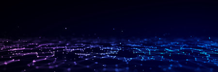 Abstract technology wave of particles. Big data visualization. Dark background with motion dots and...