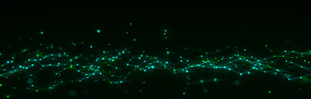 Futuristic technology wave. Digital cyberspace. Abstract wave with moving particles on a colors background. Big data analytics. 3d rendering.の写真素材