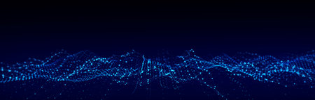Abstract technology wave of particles. Big data visualization. Dark background with motion dots and...