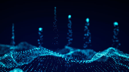 Abstract technology wave of particles. Big data visualization. Dark background with motion dots....