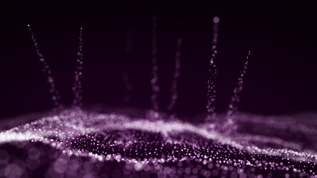 Abstract technology wave of particles. Big data visualization. Dark background with motion dots. Artificial intelligence. 3d rendering.の写真素材