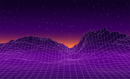 Retro fantasy background of the 80s. Vector mountain wireframe landscape with night sky. Futuristic blue neon scenery.のイラスト素材