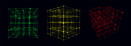 Set of distorted wireframe cubes from different sides. Vector abstract geometric 3D objects. technology block chain network connection. Big data visualization.のイラスト素材