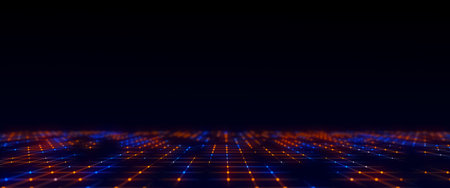 technology wireframe landscape. perspective grid. digital space. Colorful mesh on a black...