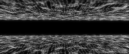 Abstract technology double wave of particles. Big data visualization. Dark background with motion dots and lines. artificial intelligence. 3d rendering.の写真素材