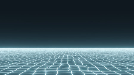 Retro fantasy background of the 80s. Wireframe landscape with night sky. Futuristic blue neon...
