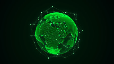Virtual planet Earth with particles and lines. network connection big data. Abstract technology green background. 3D rendering.の写真素材