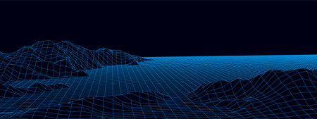Vector mountain wireframe landscape. Technology polygonal terrain. Futuristic blue background.のイラスト素材