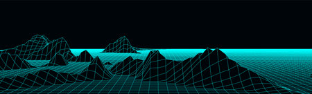 Vector mountain wireframe landscape. Technology polygonal terrain. Futuristic blue background.のイラスト素材