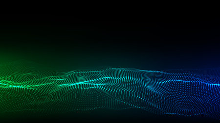 Abstract technology wave of particles. Big data visualization. Vector dark background with motion dots and lines. Artificial intelligence.のイラスト素材