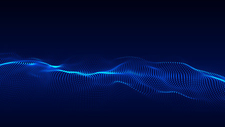 Abstract technology wave of particles. Big data visualization. Vector dark background with motion dots and lines. Artificial intelligence.のイラスト素材