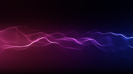 Abstract technology wave of particles. Big data visualization. Vector dark background with motion dots and lines. Artificial intelligence.のイラスト素材