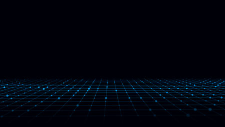 Technology wireframe landscape. Vector perspective grid. Digital space. Blue mesh on a black background.のイラスト素材