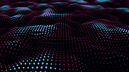 Abstract vector technology wave of particles. Big data visualization. Dark background with motion dots. artificial intelligence.のイラスト素材