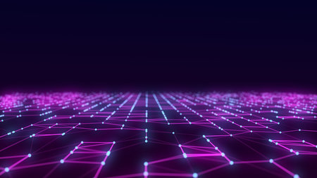 Abstract technology wave of particles. Big data visualization. Dark background with motion dots and...