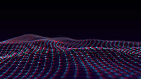 Futuristic digital wave. Dark glitch cyberspace. Abstract wave with dots and lines. White moving particles on a blue background. 3d rendering.の写真素材