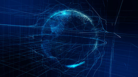 Virtual planet Earth with particles and lines. Network connection big data. Abstract technology blue background. 3D rendering.の写真素材