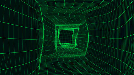 3D wireframe room on the green background. vector perspective grid. Box with digital space.の写真素材