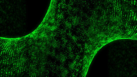 Futuristic digital wave with dots. dark cyberspace. abstract music background. Big data visualization with particle flow. 3d rendering.の写真素材